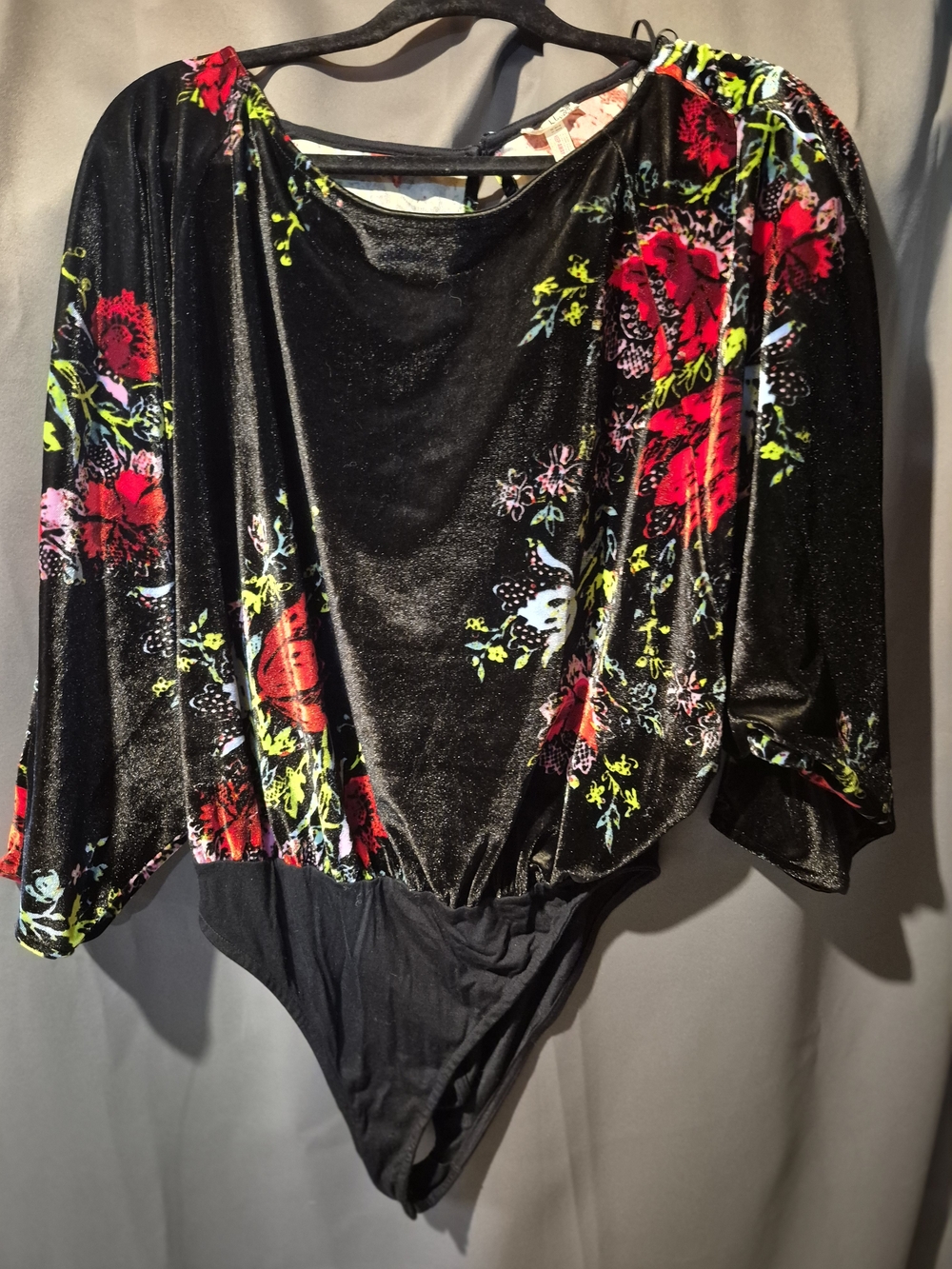 Free People Black Velvet Floral Bodysuit Sweater with Red & Green Accents